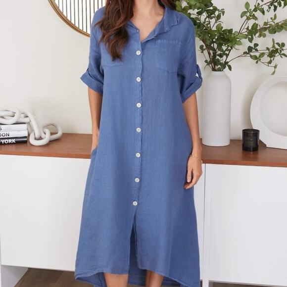 NWT Milio Milano Made in Italy Women's 100% Linen Button Up Midi Dress XS Blue - Picture 1 of 10